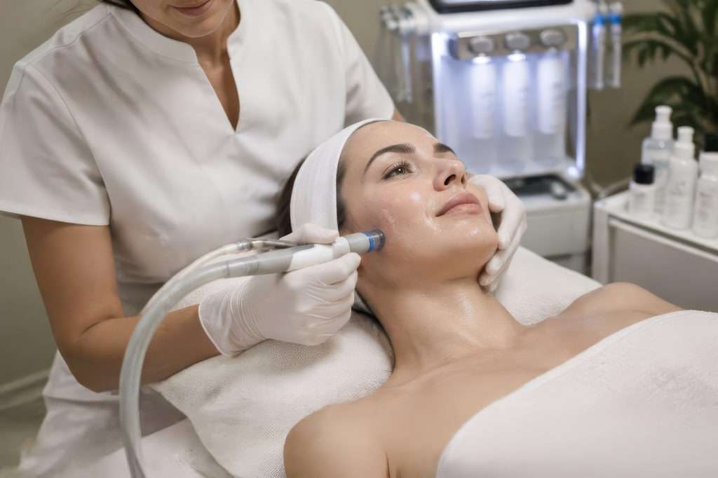 Woman reclining in a skincare clinic while a gloved practitioner uses a handheld facial treatment device on her cheek